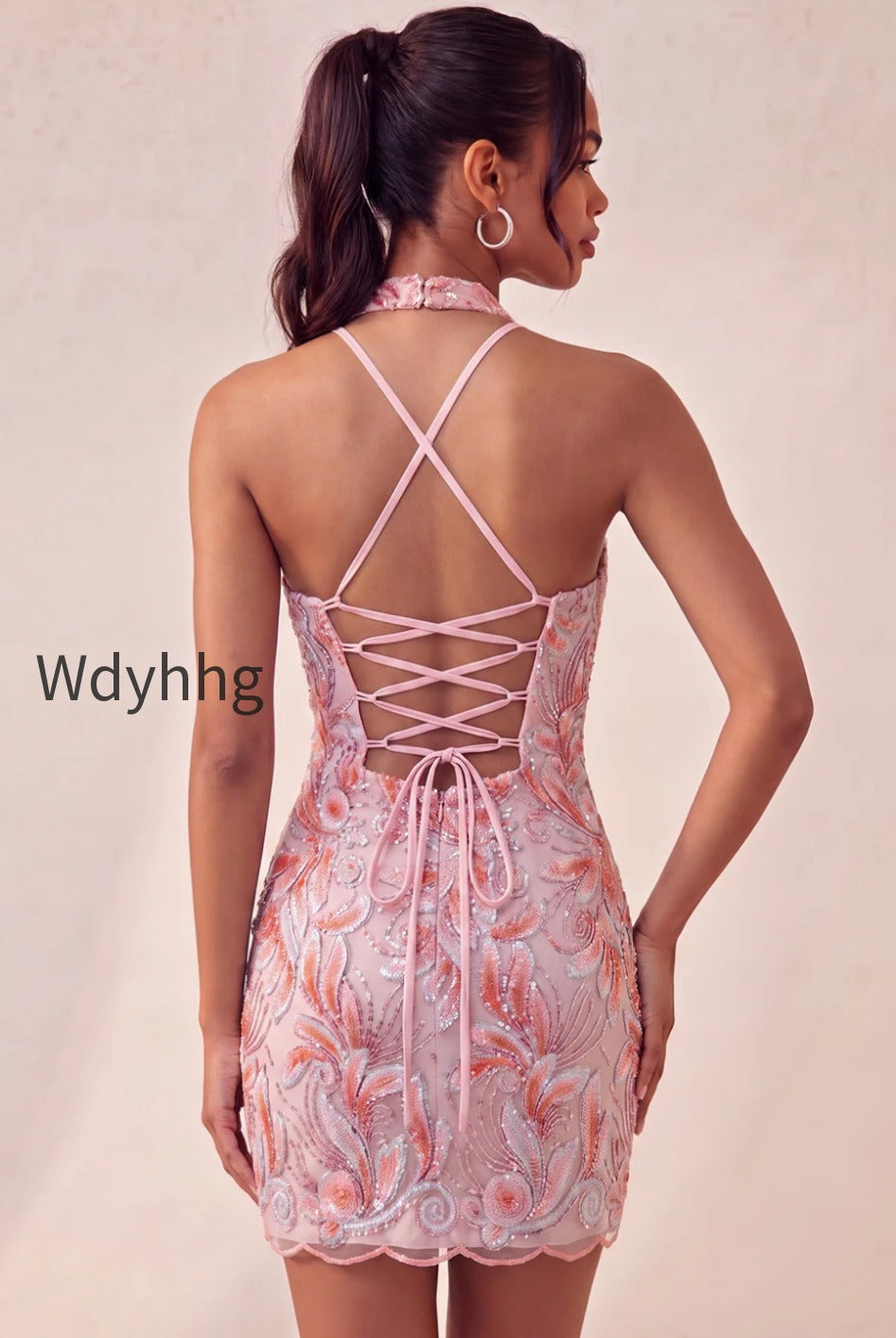 sparkly-pink-floral-halter-sequin-tight-short-homecoming-dress