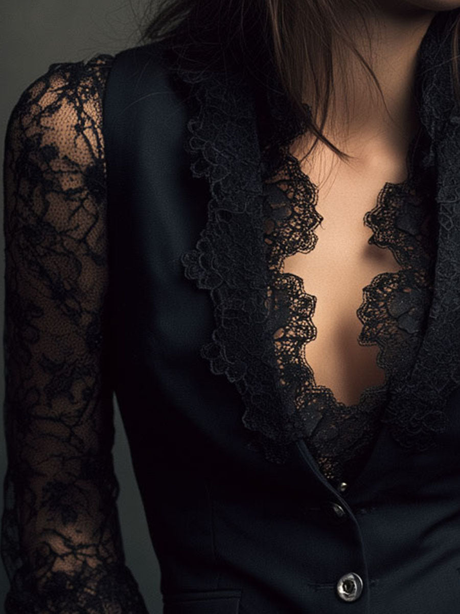 elegant-black-lace-panel-sleeve-blazer-top-vest-orkp