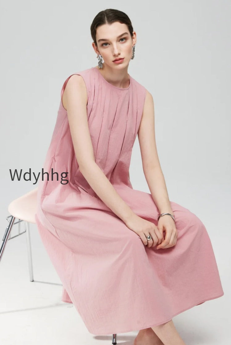causal-summer-pleat-textured-light-pink-midi-tank-dress