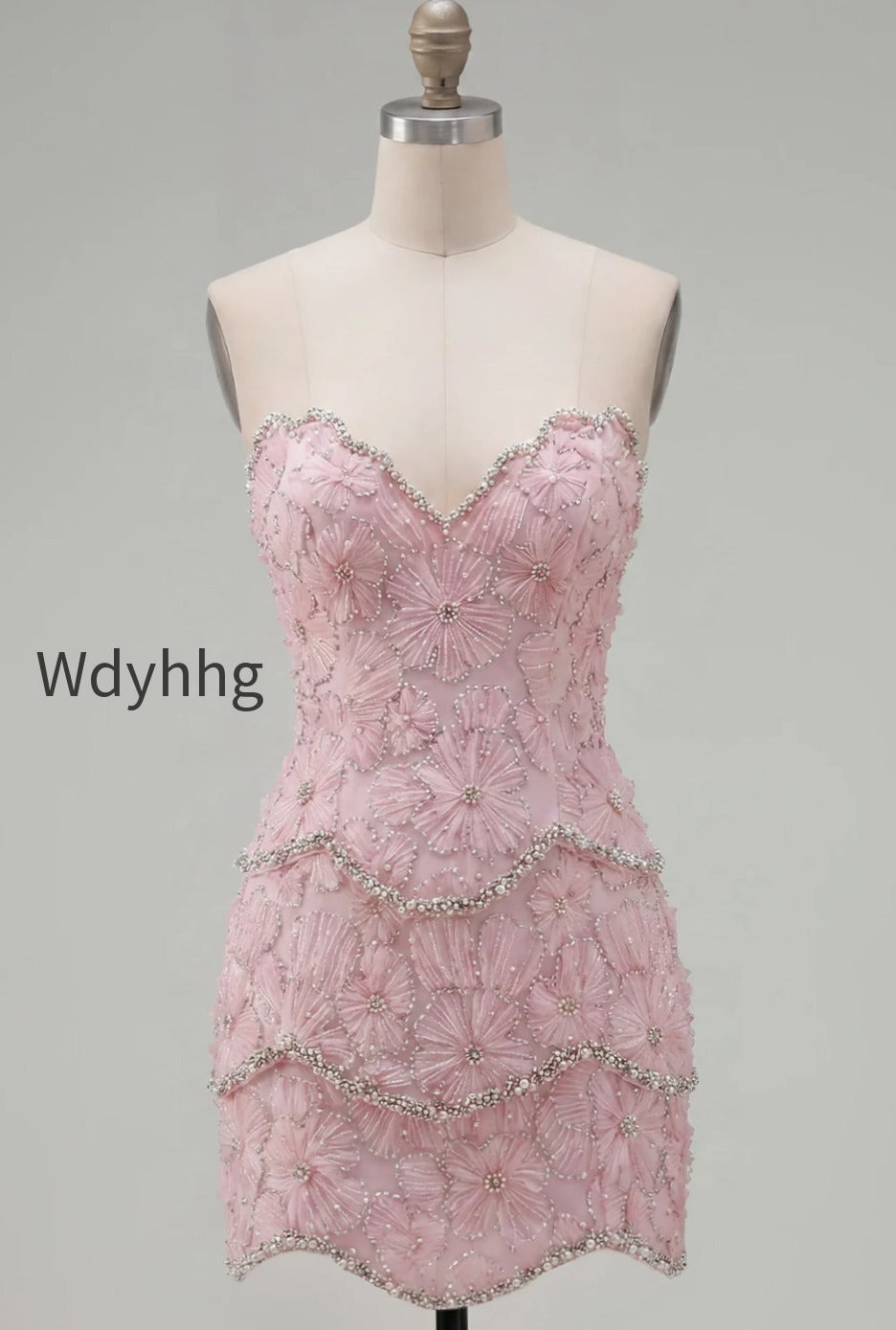 sparkly-pink-floral-tight-short-strapless-homecoming-dress-with-pearls