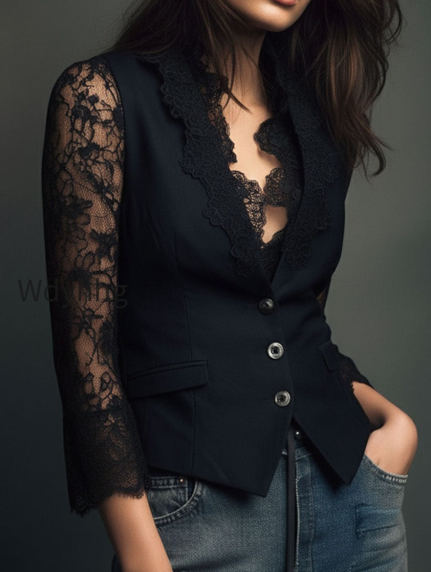 elegant-black-lace-panel-sleeve-blazer-top-vest-orkp