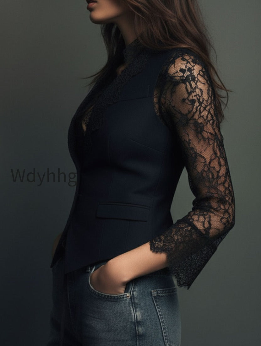 elegant-black-lace-panel-sleeve-blazer-top-vest-orkp