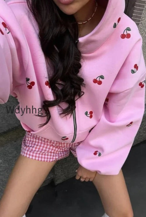 db-cherry-print-zip-up-hoodie