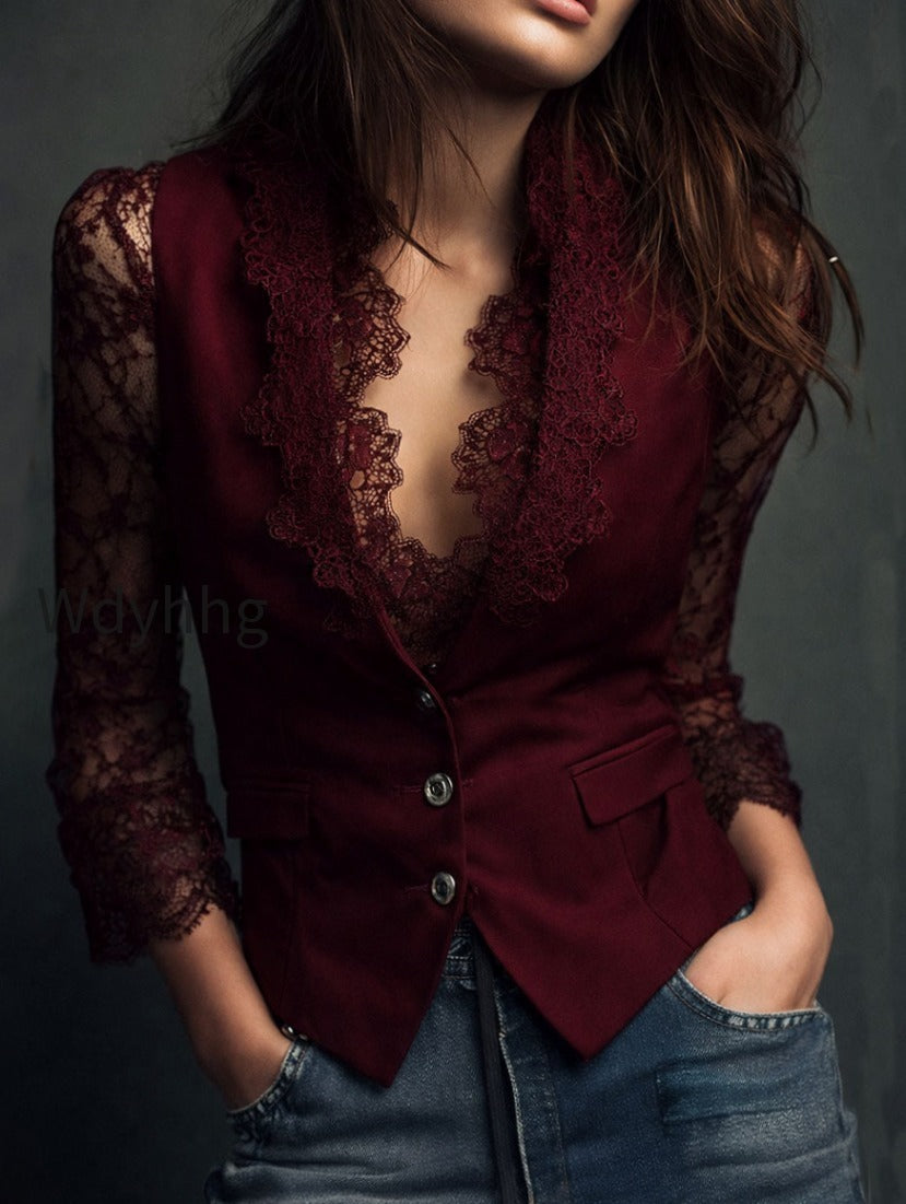 elegant-black-lace-panel-sleeve-blazer-top-vest-orkp