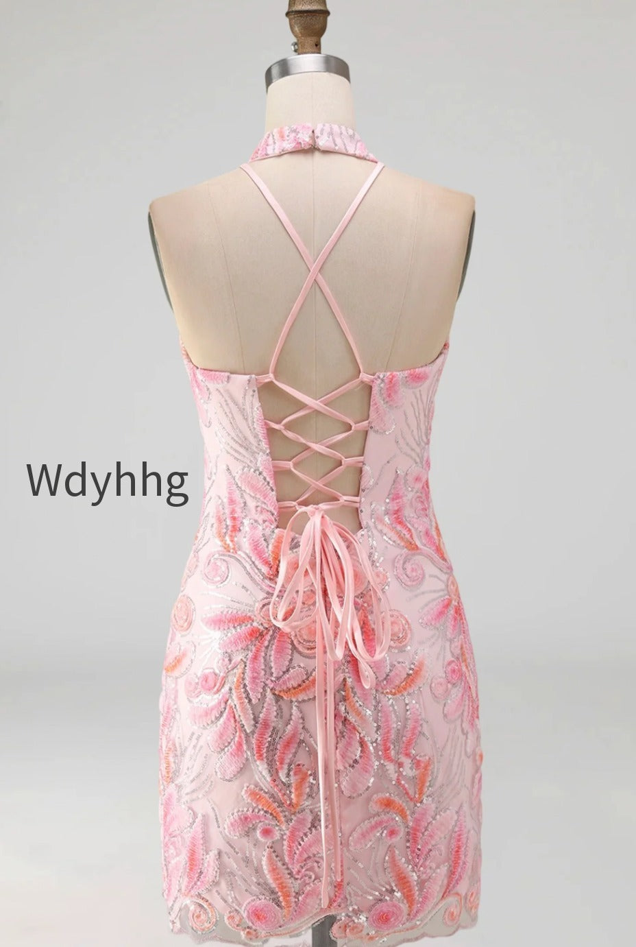 sparkly-pink-floral-halter-sequin-tight-short-homecoming-dress